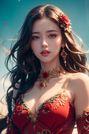 A detailed bright 32k upper body abstract photograph of a beautiful woman in red dress, painted with curly red rose particles, blue sky color palette, James Jean, insane details, very detailed, epic, dramatic, photorealistic, photography, hyperornate details, bokeh, particuls, ultra detail, unreal,1 girl