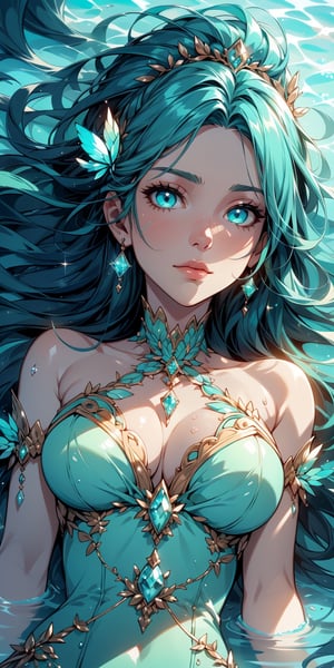 The girl's face looks out of the water, lying in the water, turquoise eyes, looking up, relaxed, crystal clear water, top view, excellent quality, elaborate and complex details, masterpiece, glare, reflections, shine water, glowing,High detailed ,1 girl