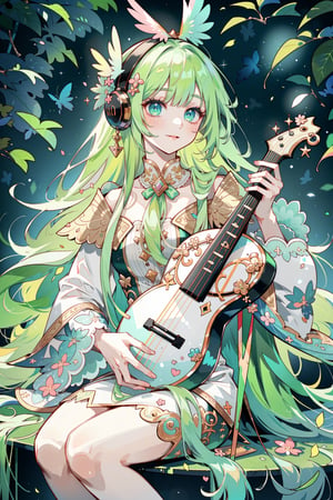 (masterpiece, best quality, highres:1.3), ultra resolution image, (1girl), (solo), kawaii, green flowing hair, long hair, lute,cute face, musical, surrounded by music notes, (music filling the air:1.5), fantasy, harmony, melody, soft, night time, (serene background:1.3), vivid color, sitting, (magical, musical aura:1.3), smile softly, forest, leaf, bird on head, nature, sitting,1 girl