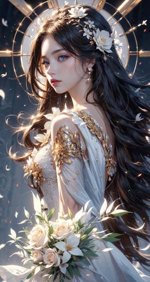 medium shot, from the side, young woman, looking up, pale skin, (perfect face: 1.3), ((symmetrical eyes)), (beautiful eyes: 1.3), (face details: 1.3), brunette, blowing hair, roses in hair, wearing a white dress made of pedals, floral dress, roses in background, light from above to give heavenly feeling, dramatic lighting, ultra detailed, masterpiece, 8k.,1 girl