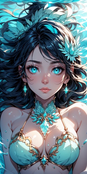 The girl's face looks out of the water, lying in the water, turquoise eyes, looking up, relaxed, crystal clear water, top view, excellent quality, elaborate and complex details, masterpiece, glare, reflections, shine water, glowing,High detailed ,1 girl