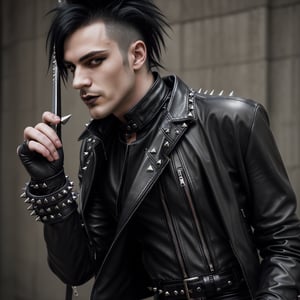 a beautiful man with a beautiful face,in a leather jacket,rock style, holding a guitar in his hands,neo punk style,Gothic style,sharp metal spikes inserted on the jacket. latex stockings. hyperdetalization.citylization, close-up,Masterpiece