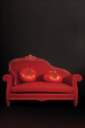 Tomato sofa, on a dark background, professional photo, contrast, realistic