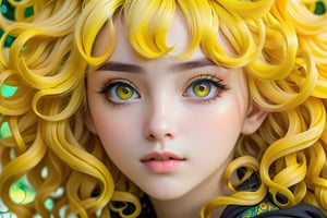 Hyper-detailed anime-style portrait of a beautiful girl with cascading curls of yellow hair, featuring intricate styling and composition, with a focus on hyper-realistic details and vivid colors, showcasing a dreamy and fantastical aesthetic --s 150 --ar 16:9 --c 5 --v 5.2 