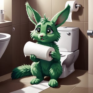 a small fluffy animal with green fur and long ears sits on the toilet, twirling a toilet roll of paper.hyperdetalization, stylization, composition,