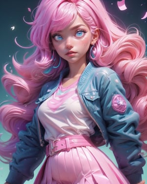 (mlppinkiepie:1.2), (colored skin, pink skin:1.5), (pink hair:1.5), (blue eyes, puffy hair, coil curls, side part, bangs:1.2), (white top with blue jacket, pink puffy skirt, purple belt, rainbow confetti details on skirt:1.2), confetti, party theme, candy, (realistic:1.2),  (masterpiece:1.2), (full-body-shot:1.2),(Cowboy-shot:1.2), neon lighting, dark romantic lighting, (highly detailed:1.2),(detailed face:1.2), (gradients), colorful, detailed eyes, (detailed landscape:1.2), (natural lighting:1.2),(detailed background), detailed landscape, (dynamic pose:1.2), solo, close up, High detailed ,DrakePostingMeme