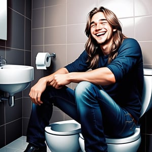 the man is young,beautiful face,long hair,sitting on the toilet,laughing,laughing,smiling. stylization,composition,hyperdetalization