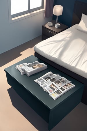 a man with short hair is lying in bed in a room, the sun is shining outside the window, there is a bedside table with magazines next to it. lots of details, hyperdetalization