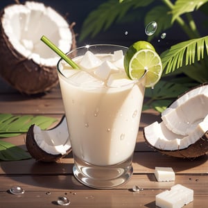 refreshing, vibrant glowing coconut juice drink,dew drops,refreshing , in the style of a product hero shot in motion, dynamic magazine ad image, photorealism, sleep and mystical elements around the background