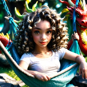 A beautiful girl, with curly hair, a beautiful face.  He's sitting in a hammock. stylization,hyperdetalization,composition,dragon