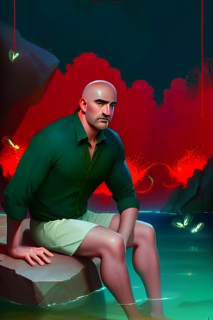 A handsome bald man with beautiful eyes is a "middle-aged man" (digital art), sitting on a large stone, sad, in his underpants. against the background of the sea. hyperdetalization, stylization, poster, composition,red-green background, lots of details, beautiful,firefliesfireflies,Illustration,girl