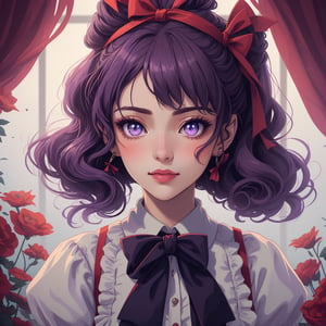 a beautiful girl-Lisa, purple in color,with beautiful eyes, face, bows of red ribbons on her head.lots of wool,styling,composition