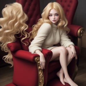 A beautiful girl, beautiful face, with golden hair, sits in a red armchair made of fluffy fur, on wooden legs