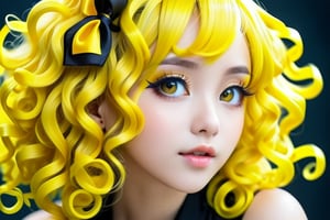 beautiful girl in anime style,yellow hair curls,styling,composition,hyperdetalization