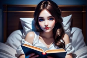 A beautiful girl is lying in bed, holding a book in her hands. stylization,hyperdetalization