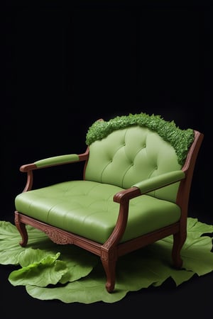 Sofa made of lettuce leaves, on a dark background, professional photo, contrasting, realistic

