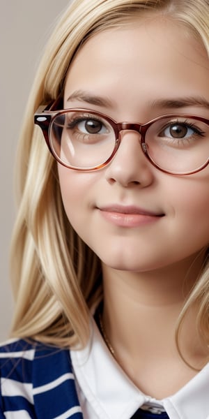 a close up of a young girl wearing glasses and a polka dot shirt, a character portrait by Silvia Pelissero, shutterstock, naive art, girl with glasses, young and cute girl, with square glasses, girl wearing round glasses, blonde hair and large eyes, wearing square glasses, portrait cute-fine-face, in square-rimmed glasses