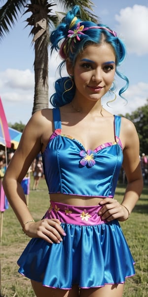 a woman in a blue dress is posing for a picture, an album cover inspired by Chica Macnab, flickr, pop art, rave outfit, bold rave outfit, fun rave outfit, cute rave outfit, 1 9 8 0 s flower power hippy, eighties pinup style, costume with blue accents, wild rave outfit, eighties-pinup style, fancy dress