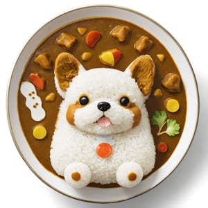 (From Above:2.0), Japanese Curry Rice, Cute, dog cartoon head, 
(Masterpiece, Best Quality, 8k:1.2), (Ultra-Detailed, Highres, Extremely Detailed, Absurdres, Incredibly Absurdres, Huge Filesize:1.1), (Photorealistic:1.3), By Futurevolab, Portrait, Ultra-Realistic Illustration, Digital Painting. 