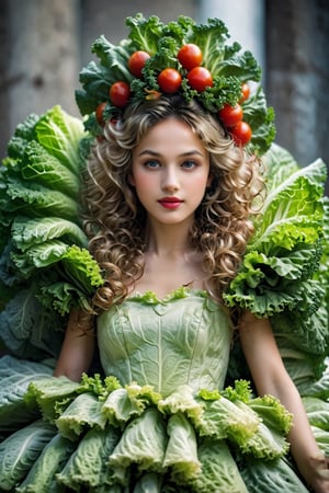 A princess made entirely of vegetables, her gown a vibrant array of lettuce, carrots, and tomatoes. Her hair, a cascade of curly kale, adorned with a crown of radishes and cucumbers. She stands tall and regal, her eyes bright with the colors of her vegetable kingdom. This vegetable princess radiates freshness and health, a whimsical and unique creation of nature's bounty.