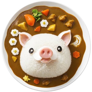 (From Above:2.0), Japanese Curry Rice, Cute, pig cartoon head, 
(Masterpiece, Best Quality, 8k:1.2), (Ultra-Detailed, Highres, Extremely Detailed, Absurdres, Incredibly Absurdres, Huge Filesize:1.1), (Photorealistic:1.3), By Futurevolab, Portrait, Ultra-Realistic Illustration, Digital Painting. 