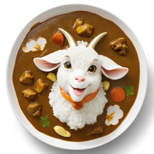 (From Above:2.0), Japanese Curry Rice, goats cartoon head, 
(Masterpiece, Best Quality, 8k:1.2), (Ultra-Detailed, Highres, Extremely Detailed, Absurdres, Incredibly Absurdres, Huge Filesize:1.1), (Photorealistic:1.3), By Futurevolab, Portrait, Ultra-Realistic Illustration, Digital Painting. 