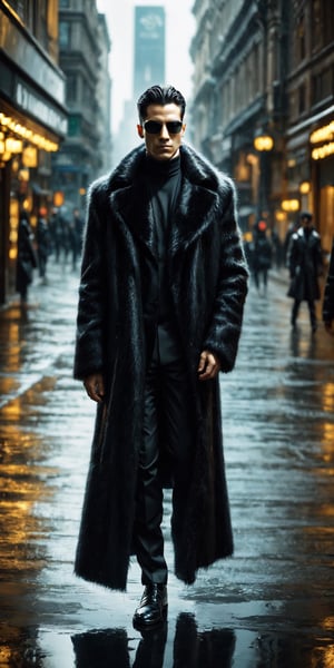 A strikingly enigmatic figure in a sleek black fur coat and stylish sunglasses, the lone man in the matrix exudes an aura of cool sophistication. The scene appears to be a digital rendering, possibly a high-definition photograph, capturing the mysterious individual in exceptional detail. Every strand of fur on his coat, every reflection in his shades, is meticulously depicted, showcasing the impeccable quality of the image. The overall effect is one of intrigue and allure, inviting viewers to delve deeper into the enigma of this captivating character.