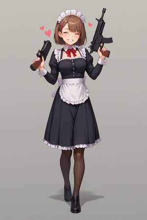 Score_9, Score_8_up, Score_7_up, Score_6_up, Score_5_up, Score_4_up, source_Anime, source_cartoon, BREAK, Masterpiece, Best Quality, 
1girl, badsass soldier girl wearing a cute maid uniform. White background. she wears a military maid uniform, militar maid, long brown hair. little body, full body character, wink. masterpiece. she is happy, smiling. Himecut hairstyle, gun, masterpiece, hearts on the sides, tactical maid,Maid uniform,FuturEvoLab-Lora-mecha,FuturEvoLab-Bunny