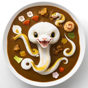(From Above:2.0), Japanese Curry Rice, Cute, snake cartoon head, 
(Masterpiece, Best Quality, 8k:1.2), (Ultra-Detailed, Highres, Extremely Detailed, Absurdres, Incredibly Absurdres, Huge Filesize:1.1), (Photorealistic:1.3), By Futurevolab, Portrait, Ultra-Realistic Illustration, Digital Painting. 