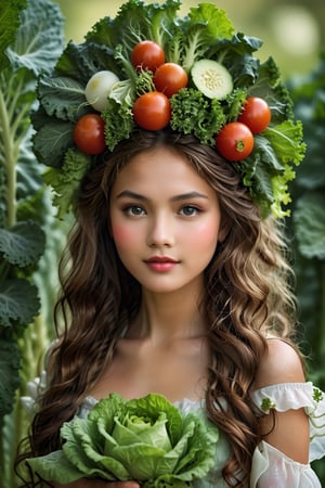 A princess made entirely of vegetables, her gown a vibrant array of lettuce, carrots, and tomatoes. Her hair, a cascade of curly kale, adorned with a crown of radishes and cucumbers. She stands tall and regal, her eyes bright with the colors of her vegetable kingdom. This vegetable princess radiates freshness and health, a whimsical and unique creation of nature's bounty.