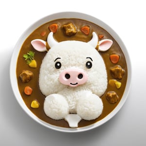 (From Above:2.0), Japanese Curry Rice, Cute, cow cartoon head, 
(Masterpiece, Best Quality, 8k:1.2), (Ultra-Detailed, Highres, Extremely Detailed, Absurdres, Incredibly Absurdres, Huge Filesize:1.1), (Photorealistic:1.3), By Futurevolab, Portrait, Ultra-Realistic Illustration, Digital Painting. 