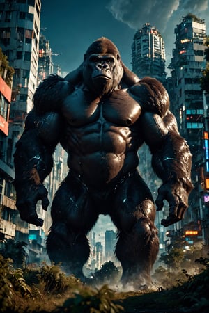 (Masterpiece:1.5), (Best quality:1.5), Cyberpunk style, full body, A towering King Kong, amidst a ruined city, bellows in fury. The massive creature, its fur a shimmering silver, muscles rippling beneath its majestic form, stands as a symbol of primal power and untamed beauty. This remarkable image is a digitally enhanced photograph, capturing every intricate detail with stunning clarity and depth. The backdrop of crumbling buildings and twisted metal only serves to enhance the gorilla's imposing presence, making it a truly unforgettable sight. With each pixel meticulously crafted, this image exudes a sense of awe and wonder, leaving viewers breathless in the face of such magnificence, King Kong,Magic Forest