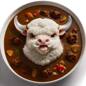 (From Above:2.0), Japanese Curry Rice, Bull cartoon head, 
(Masterpiece, Best Quality, 8k:1.2), (Ultra-Detailed, Highres, Extremely Detailed, Absurdres, Incredibly Absurdres, Huge Filesize:1.1), (Photorealistic:1.3), By Futurevolab, Portrait, Ultra-Realistic Illustration, Digital Painting. 