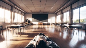 High-resolution, photorealistic image of an empty modern Japanese high school classroom. The perspective is a front-facing view, using a first-person perspective as if someone is lying on the ground looking upwards towards the ceiling. The composition is symmetrical. It is noon on a bright day, with sunlight streaming in from the windows at the side. In the distance, there is a large rectangular black display monitor, and the floor is covered with bedding. Bold design, 