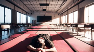 An empty futuristic Japanese high school classroom, interior designed with a bold, futuristic style, depicted in a high-resolution, photorealistic style. The perspective is a symmetrical front view from the first-person perspective, lying down, looking from the floor up towards the ceiling. It's morning, during the day, and in the distance, there's a large rectangular black monitor. The floor is covered with bedding, resembling a Japanese shelter. The decor features bold pink and red tones, giving a sense of a daring design. 