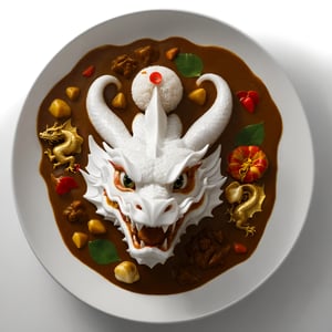 (From Above:2.0), Japanese Curry Rice, Dragon cartoon head, 
(Masterpiece, Best Quality, 8k:1.2), (Ultra-Detailed, Highres, Extremely Detailed, Absurdres, Incredibly Absurdres, Huge Filesize:1.1), (Photorealistic:1.3), By Futurevolab, Portrait, Ultra-Realistic Illustration, Digital Painting. 