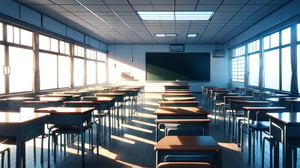 High-resolution, photorealistic image of an empty modern Japanese high school classroom. The perspective is a front-facing view, using a first-person perspective as if someone is lying on the ground looking upwards towards the ceiling. The composition is symmetrical. It is noon on a bright day, with sunlight streaming in from the windows at the side. In the distance, there is a large rectangular black display monitor, Bold design,