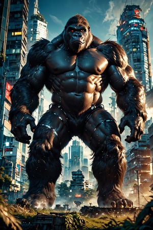 (Masterpiece:1.5), (Best quality:1.5), Cyberpunk style, full body, A towering King Kong, amidst a ruined city, bellows in fury. The massive creature, its fur a shimmering silver, muscles rippling beneath its majestic form, stands as a symbol of primal power and untamed beauty. This remarkable image is a digitally enhanced photograph, capturing every intricate detail with stunning clarity and depth. The backdrop of crumbling buildings and twisted metal only serves to enhance the gorilla's imposing presence, making it a truly unforgettable sight. With each pixel meticulously crafted, this image exudes a sense of awe and wonder, leaving viewers breathless in the face of such magnificence, King Kong,Magic Forest