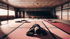 An empty futuristic Japanese high school classroom, interior designed with a bold, futuristic style, depicted in a high-resolution, photorealistic style. The perspective is a symmetrical front view from the first-person perspective, lying down, looking from the floor up towards the ceiling. It's morning, during the day, and in the distance, there's a large rectangular black monitor. The floor is covered with bedding, resembling a Japanese shelter. The decor features bold pink and red tones, giving a sense of a daring design. 