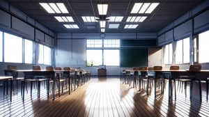 High-resolution, photorealistic image of an empty modern Japanese high school classroom. The perspective is a front-facing view, using a first-person perspective as if someone is lying on the ground looking upwards towards the ceiling. The composition is symmetrical. It is noon on a bright day, with sunlight streaming in from the windows at the side. In the distance, there is a large rectangular black display monitor, Bold design,