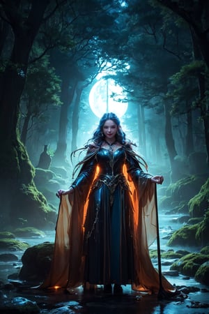 (masterpiece, best quality, 4k, 8k, highres:1.5), 1girl, solo, magical witch, enchanted forest, glowing spells, midnight ritual, mystical staff, ancient runes, moonlight, flowing robes, 