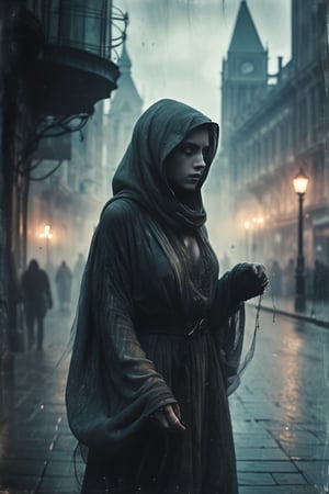 misty cityscape, the image portrays a mysterious figure cloaked in layers of flowing, iridescent fabric that shifts and shimmers in the flickering light of lanterns and streetlamps. the cityscape behind them is a blend of ancient architecture and industrial decay, with crumbling spires and twisted metal pipes tangled together in mid air. the overall mood of the image is one of enchantment and foreboding." . magnificent, celestial, ethereal, painterly, epic, majestic, magical, fantasy art, cover art, dreamy
,guttojugg1,cinematic style
