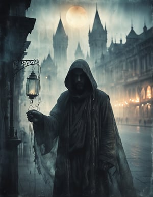misty cityscape, the image portrays a mysterious figure cloaked in layers of flowing, iridescent fabric that shifts and shimmers in the flickering light of lanterns and streetlamps. the cityscape behind them is a blend of ancient architecture and industrial decay, with crumbling spires and twisted metal pipes tangled together in mid air. the overall mood of the image is one of enchantment and foreboding." . magnificent, celestial, ethereal, painterly, epic, majestic, magical, fantasy art, cover art, dreamy
,guttojugg1