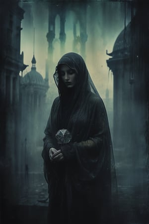 misty cityscape, the image portrays a mysterious figure cloaked in layers of flowing, iridescent fabric that shifts and shimmers in the flickering light of lanterns and streetlamps. the cityscape behind them is a blend of ancient architecture and industrial decay, with crumbling spires and twisted metal pipes tangled together in mid air. the overall mood of the image is one of enchantment and foreboding." . magnificent, celestial, ethereal, painterly, epic, majestic, magical, fantasy art, cover art, dreamy
,guttojugg1,cinematic style,dark,vntblk
