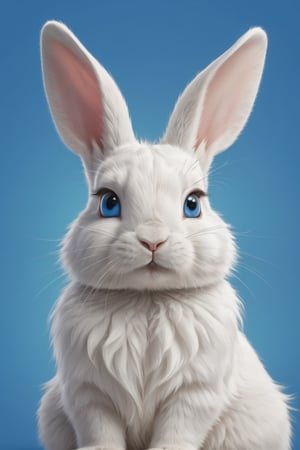 cartoon style.  white rabbit with blue eyes, coulorfull background, real rabbit,lineart