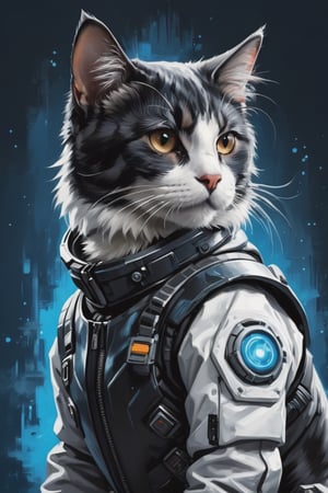 style. Oil Painting full size of a black and white cat wearing a sci-fi  suit and looking to the side, , blue background, , a lot of empty space, side profile, 