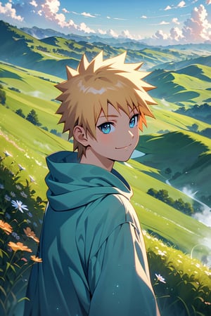 Generate an 8K AI image showcasing a young Naruto Uzumaki standing in a picturesque landscape, with a serene and peaceful atmosphere. The camera is positioned at a long distance, capturing Naruto's smiling face as he gazes out at the beauty around him. Surrounding Naruto is a tranquil scene of rolling hills, vibrant meadows, and clear blue skies dotted with fluffy clouds. The sunlight gently bathes the landscape, casting warm hues across the scene and creating a sense of calm and contentment. Ensure Naruto's expression reflects his youthful exuberance and joy, perfectly complementing the beauty of the peaceful background."






