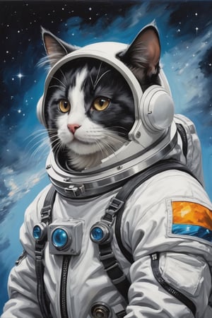 style. Oil Painting full size of a black and white cat wearing a space suit adn looking to the side, , blue background, , a lot of empty space