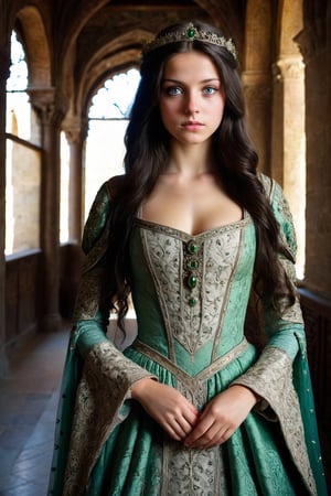full body shot. An ultra real full body photo of an 21 year old woman, green eyes. Long dark hair. Wearing an elaborate and highly intrincate detailed dress with a wide neckline, In medieval palace, ultra close macro details, ultra contrast, ultra decoration. Intricate details of her beautiful eyes and her perfect face. very beautiful girl. ,itacstl