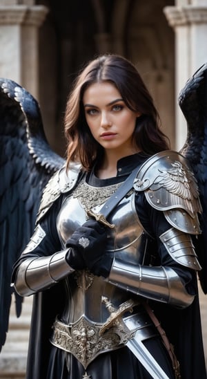 A portrait of a dark angel girl, resembling St. Michael the Archangel in girl, light tones, dark-robed and armored with ornaments of intrincate details, with a sword, dark and gloomy image, Dramatic Light,